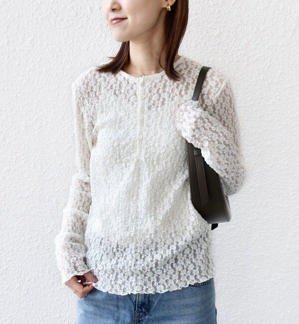 SHIPS for women「〈手洗い可能〉ラッセル レース ヘンリー ネック 2WAY プルオーバー」|Tシャツ・カットソー|