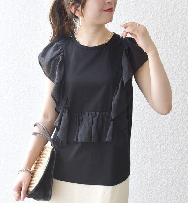 SHIPS any「SHIPS any:〈洗濯機可能〉フリル コンビ ノースリーブ TEE」|Tシャツ・カットソー|