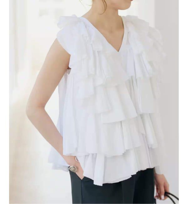 Spick and Span「《一部店舗+WEB限定 / 追加》AAYUSHI / アユーシ レイヤードラッフル ブラウス」|シャツ・ブラウス|ホワイト