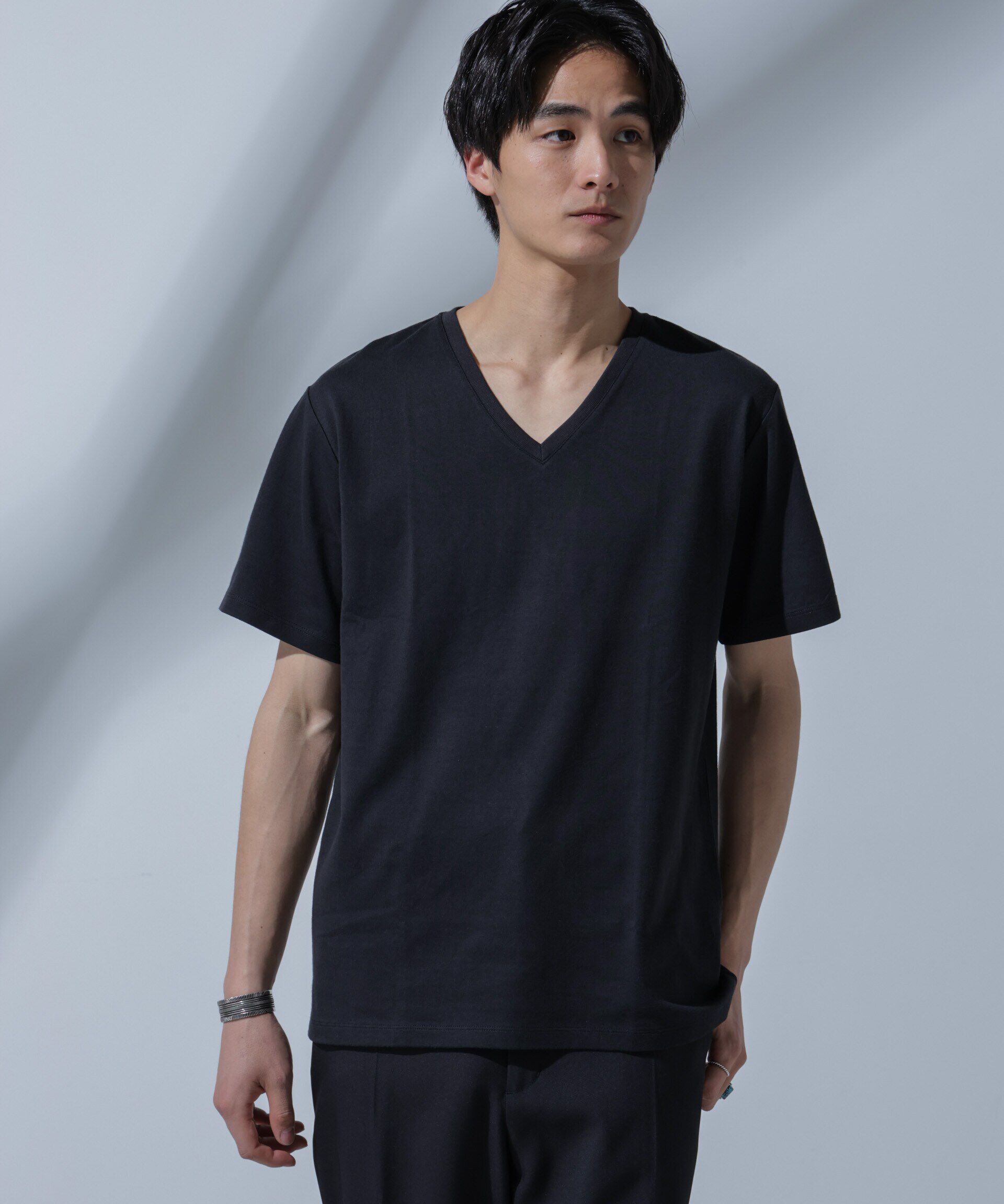 NANO universe「Anti Soaked(R)  汗染み防止 VネックTシャツ」|Tシャツ・カットソー|ブラック