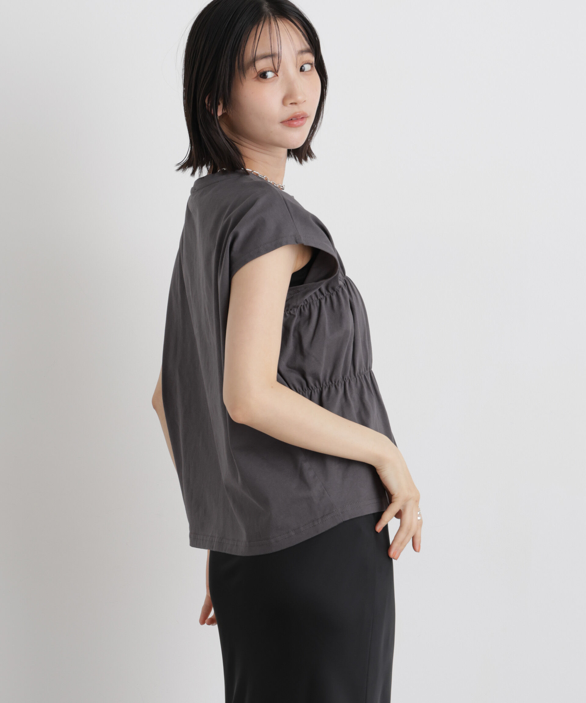 NANO universe「フロントシャーリングデザインカットトップス」|Tシャツ・カットソー|