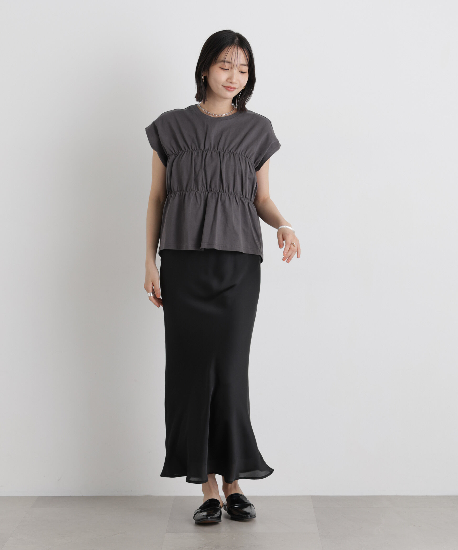 NANO universe「フロントシャーリングデザインカットトップス」|Tシャツ・カットソー|