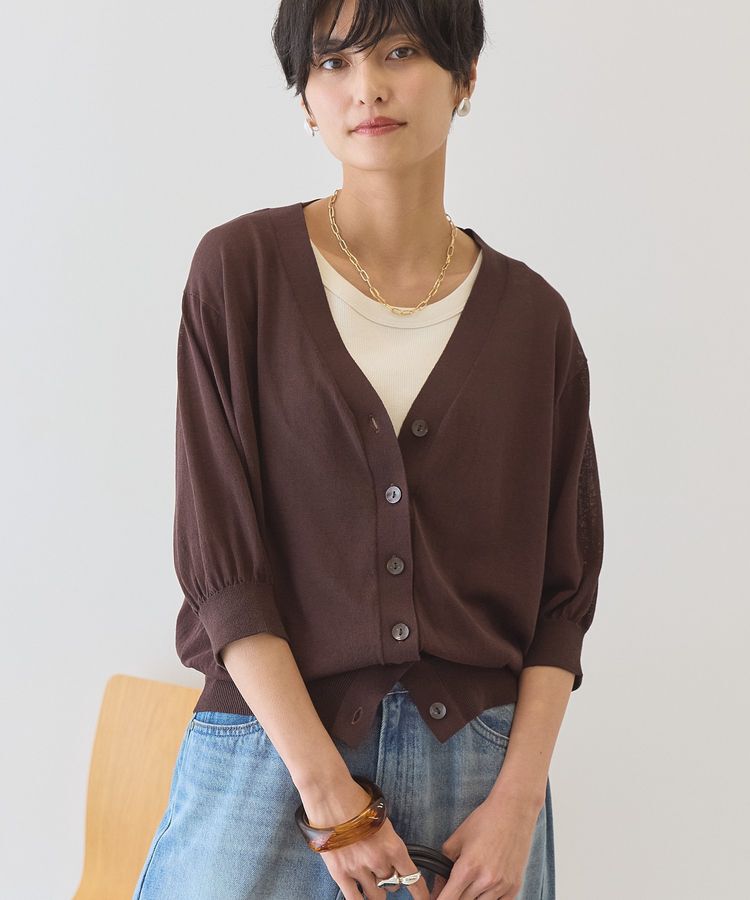 AMERICAN HOLIC「【抗菌防臭】5分袖シアーVネックニットカーディガン」|カーディガン|Brown