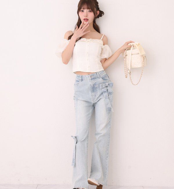  「【SMサイズ展開】リボンアレンジキラキラ美脚デニム」|その他|