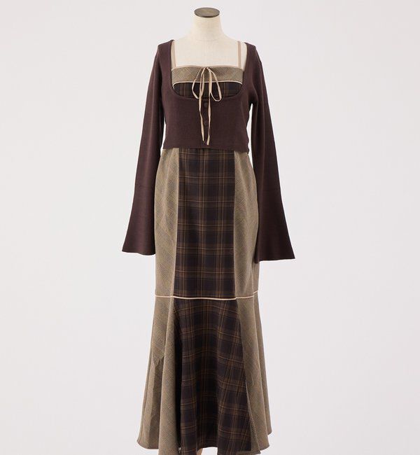  「【SMサイズ展開】アンサンブルチェックワンピース」|ワンピース|ブラウン系その他
