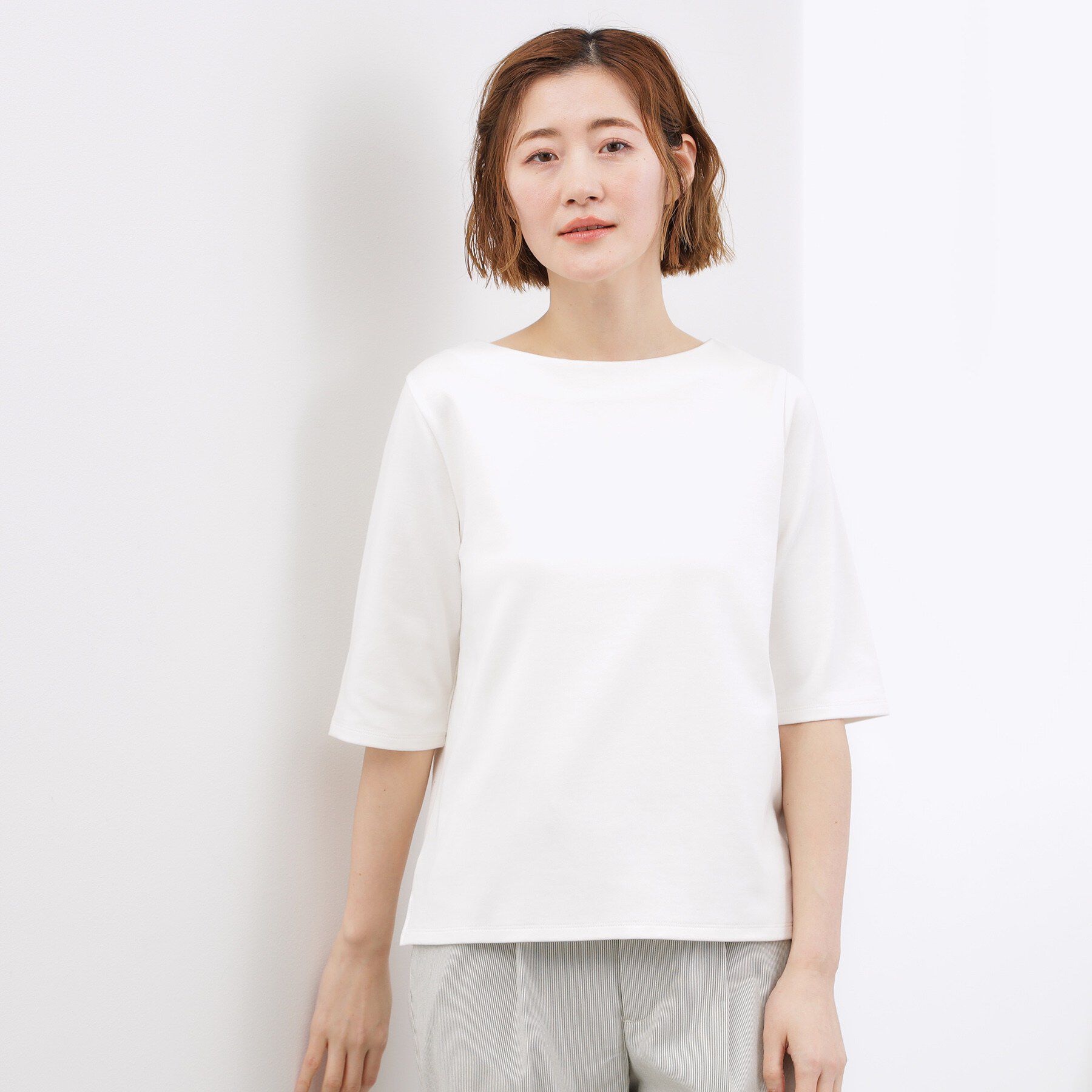 grove「【二の腕カバー/すっきり見え・抗菌防臭/UVカット】きちんと素材のボートネックTシャツ」|Tシャツ・カットソー|