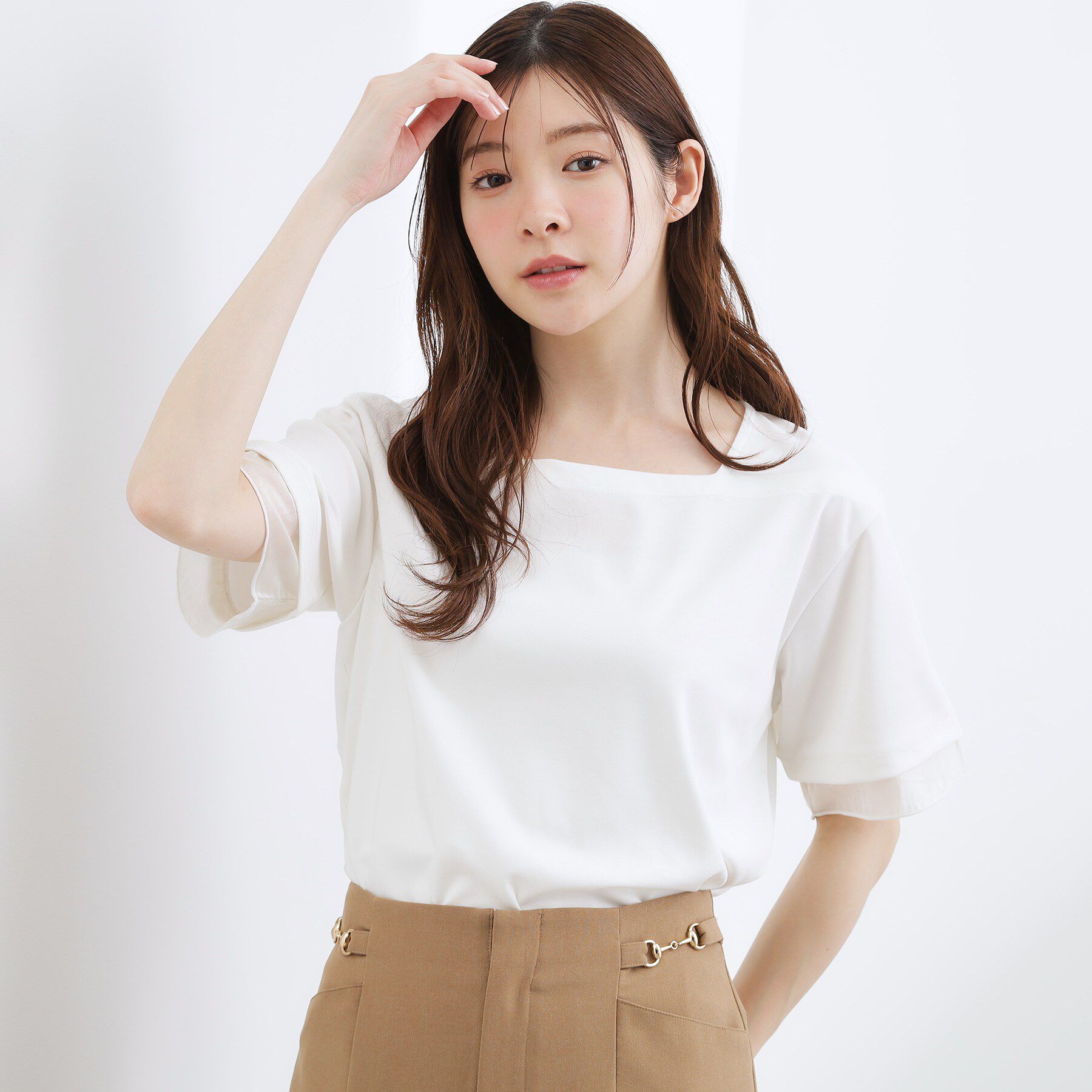grove「【二の腕カバー/UVカット・ひんやり】袖口シアースクエアネックTシャツ」|Tシャツ・カットソー|