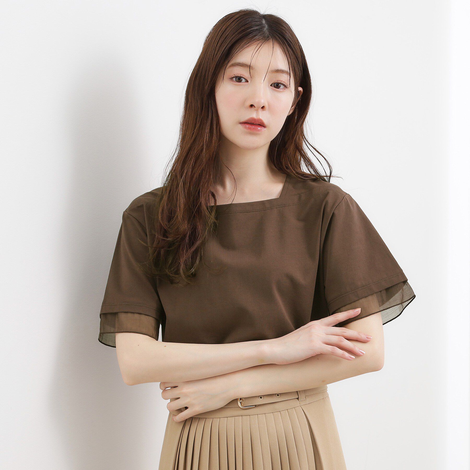 grove「【二の腕カバー/UVカット・ひんやり】袖口シアースクエアネックTシャツ」|Tシャツ・カットソー|