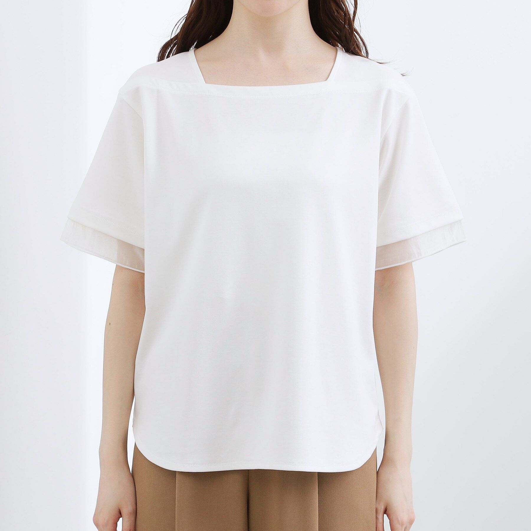 grove「【二の腕カバー/UVカット・ひんやり】袖口シアースクエアネックTシャツ」|Tシャツ・カットソー|