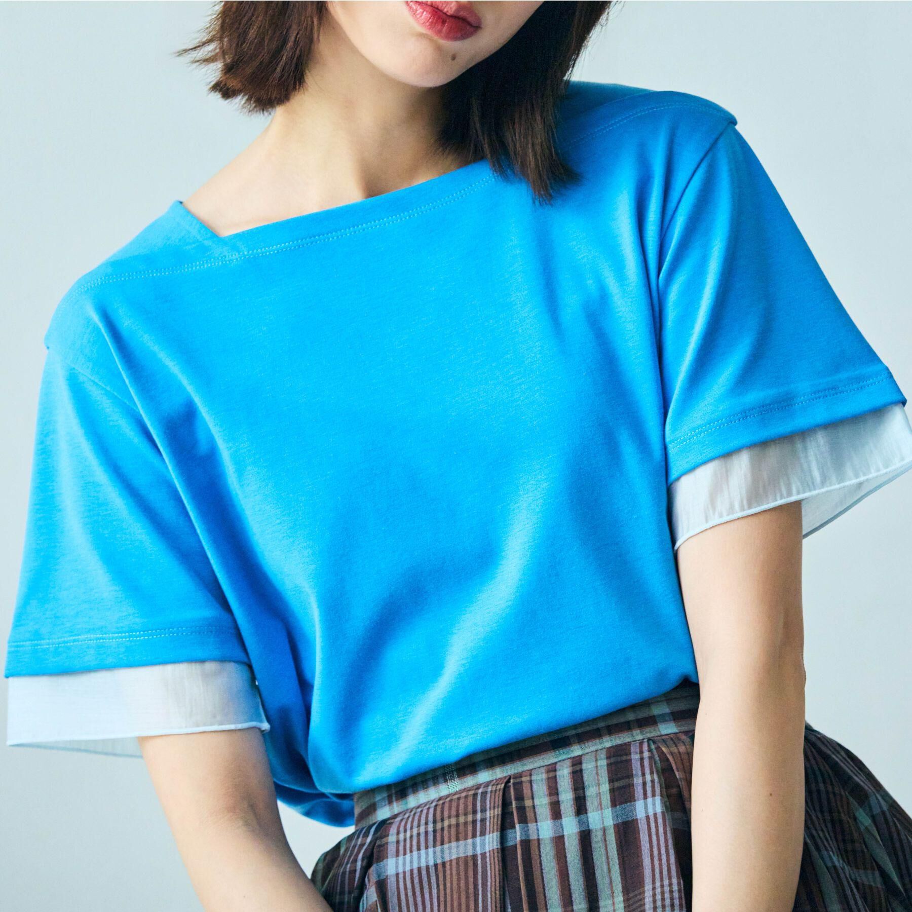 grove「【二の腕カバー/UVカット・ひんやり】袖口シアースクエアネックTシャツ」|Tシャツ・カットソー|ブルー(091)