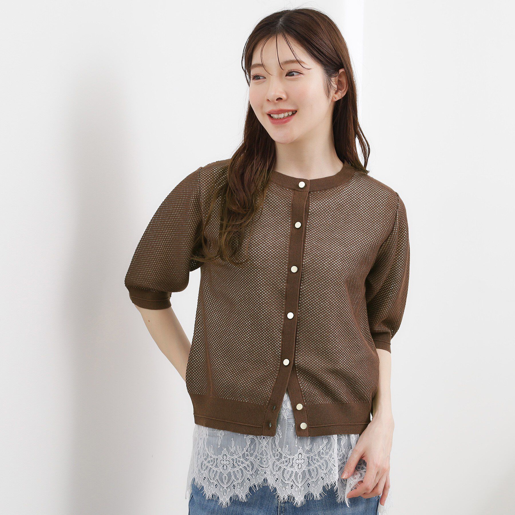 grove「【貴島明日香さん着用・洗える】透けない、大人のメッシュカーディガン」|カーディガン|