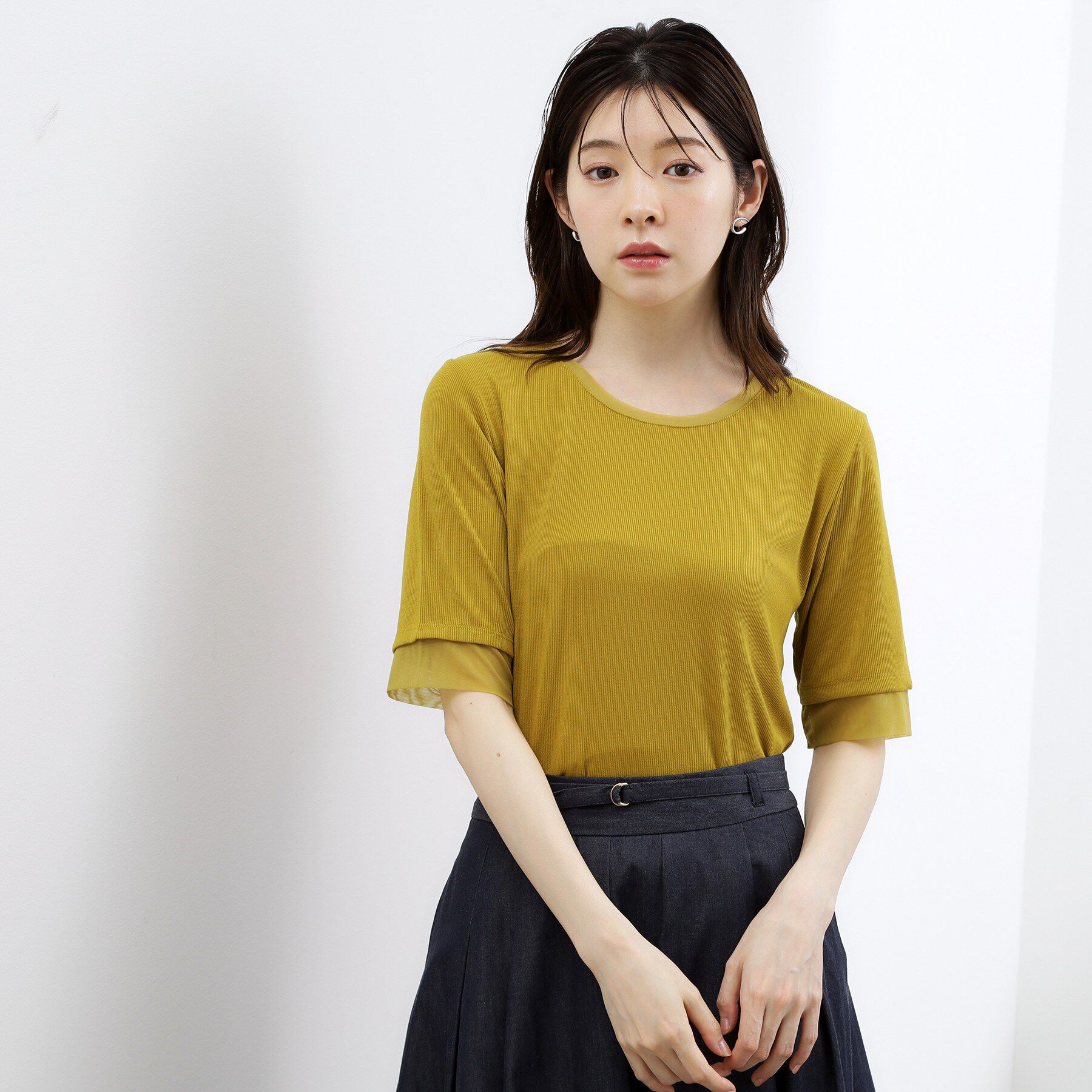 grove「【ひんやり・UVカット】チュールトリミング5分袖Tシャツ」|Tシャツ・カットソー|