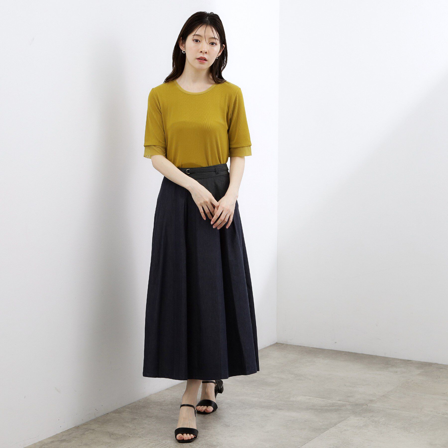 grove「【ひんやり・UVカット】チュールトリミング5分袖Tシャツ」|Tシャツ・カットソー|