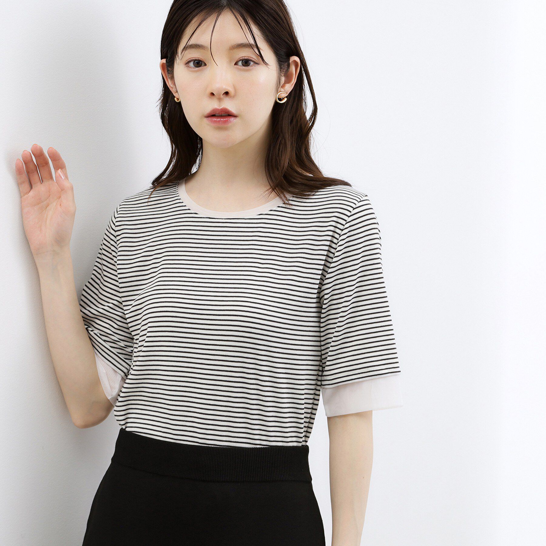grove「【ひんやり・UVカット】チュールトリミング5分袖Tシャツ」|Tシャツ・カットソー|