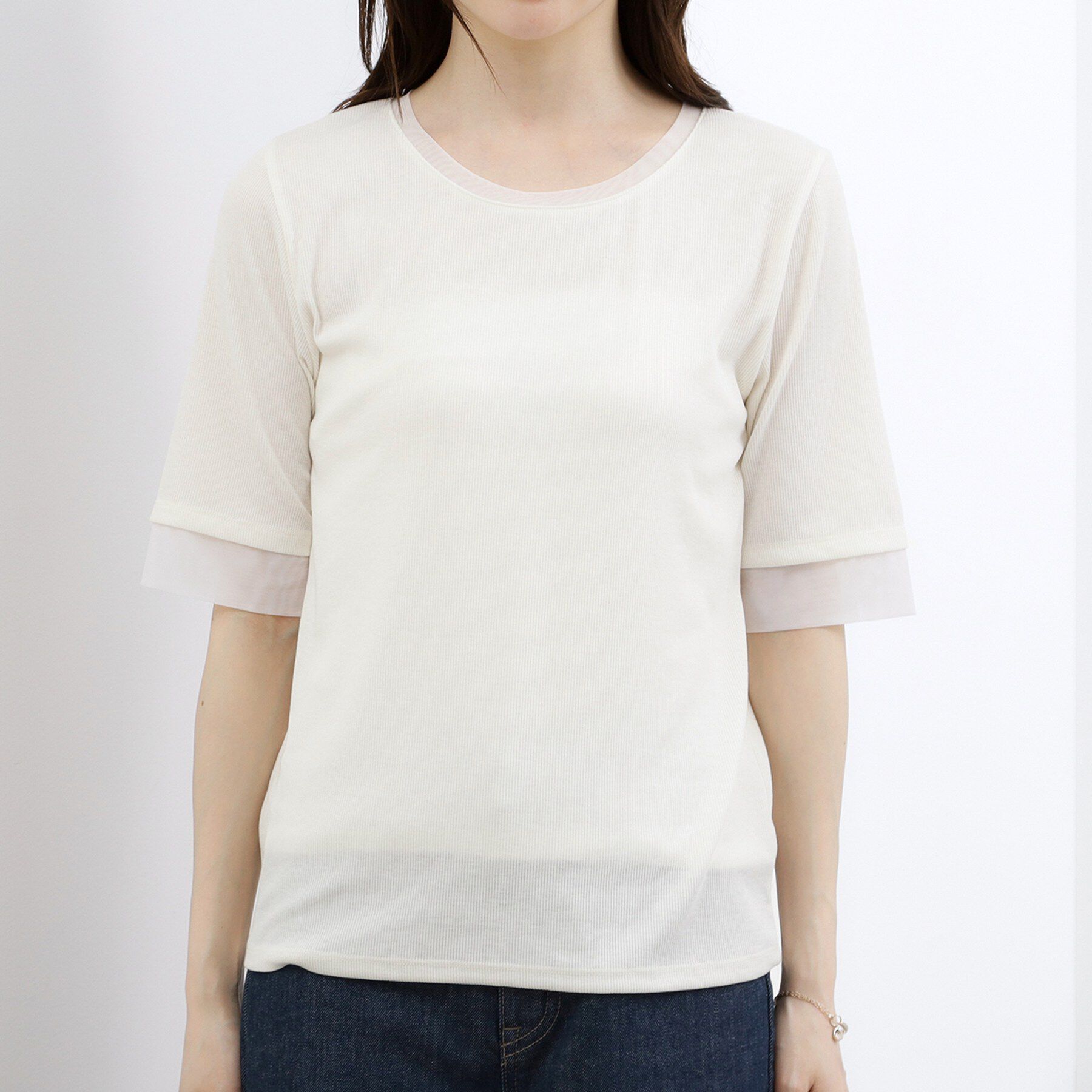 grove「【ひんやり・UVカット】チュールトリミング5分袖Tシャツ」|Tシャツ・カットソー|