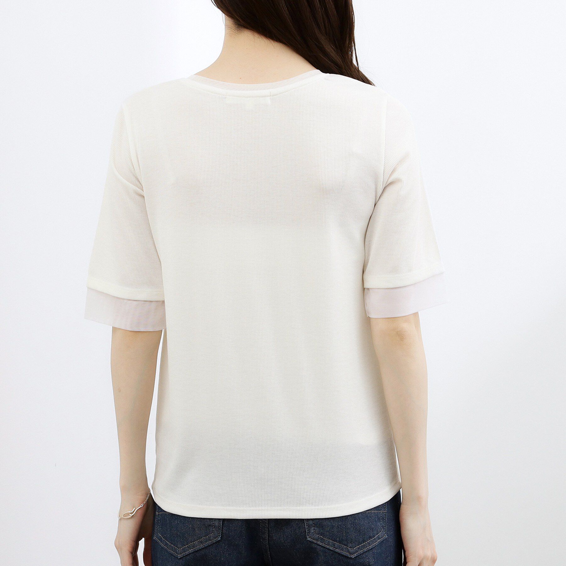 grove「【ひんやり・UVカット】チュールトリミング5分袖Tシャツ」|Tシャツ・カットソー|
