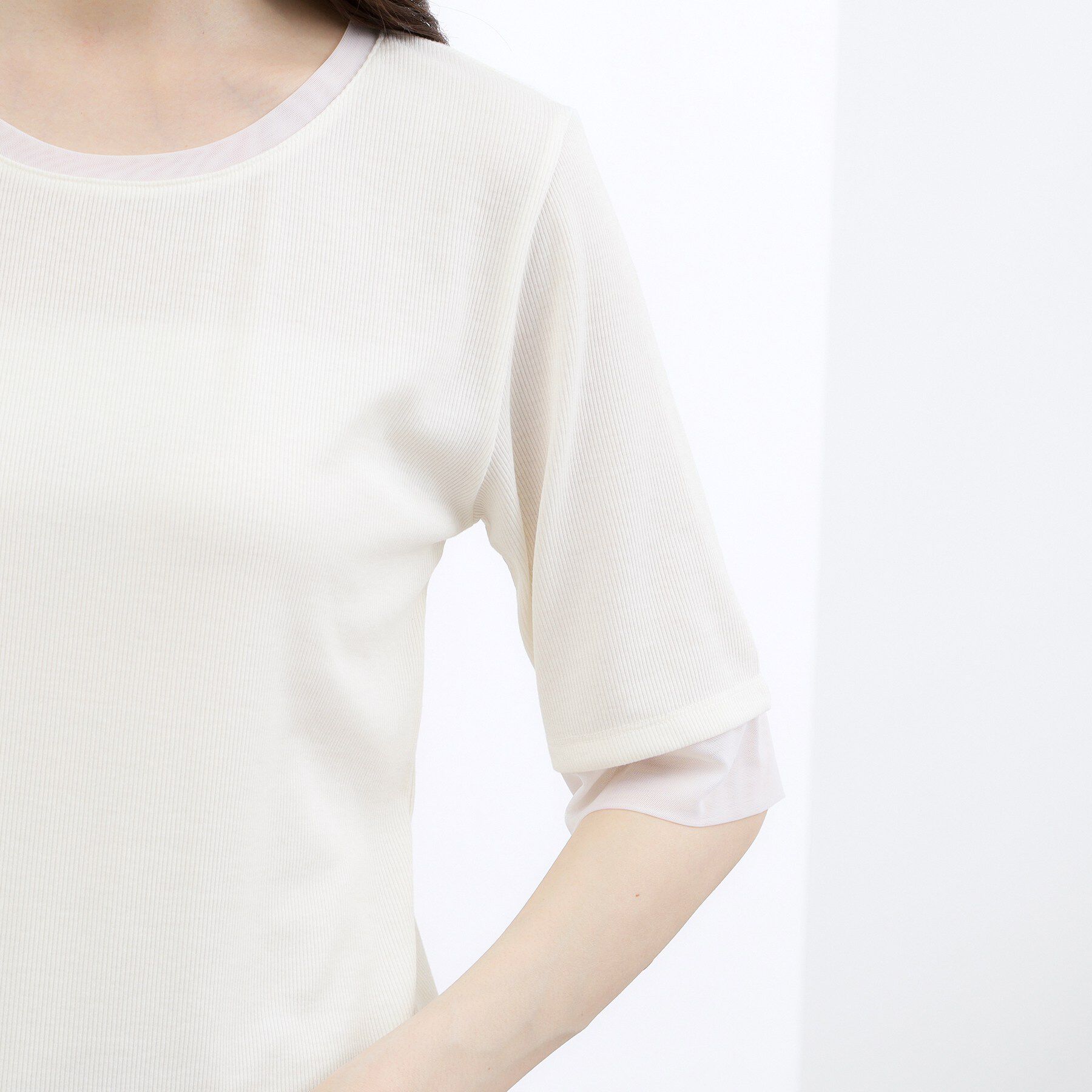 grove「【ひんやり・UVカット】チュールトリミング5分袖Tシャツ」|Tシャツ・カットソー|