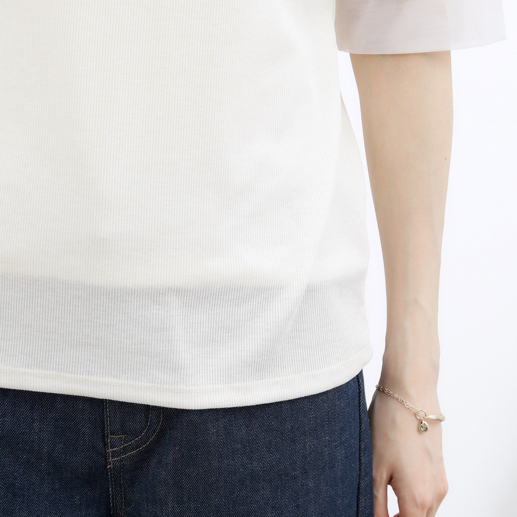 grove「【ひんやり・UVカット】チュールトリミング5分袖Tシャツ」|Tシャツ・カットソー|