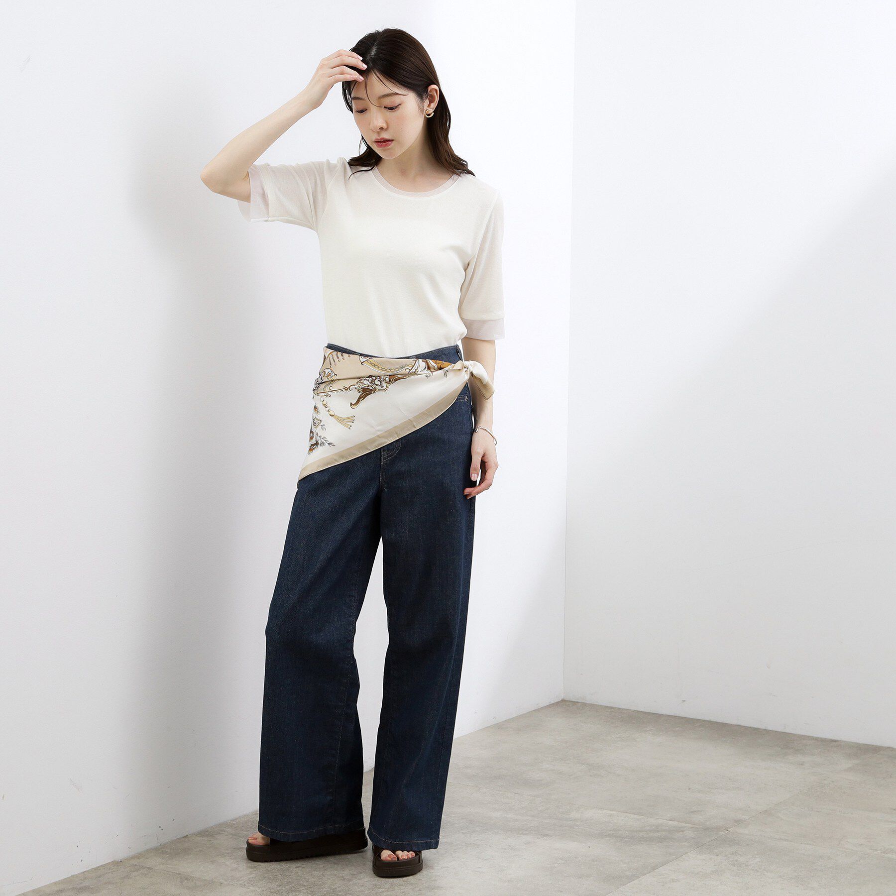 grove「【ひんやり・UVカット】チュールトリミング5分袖Tシャツ」|Tシャツ・カットソー|