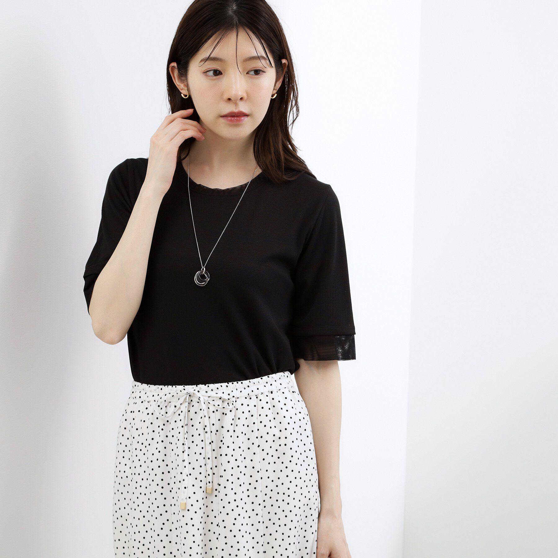 grove「【ひんやり・UVカット】チュールトリミング5分袖Tシャツ」|Tシャツ・カットソー|
