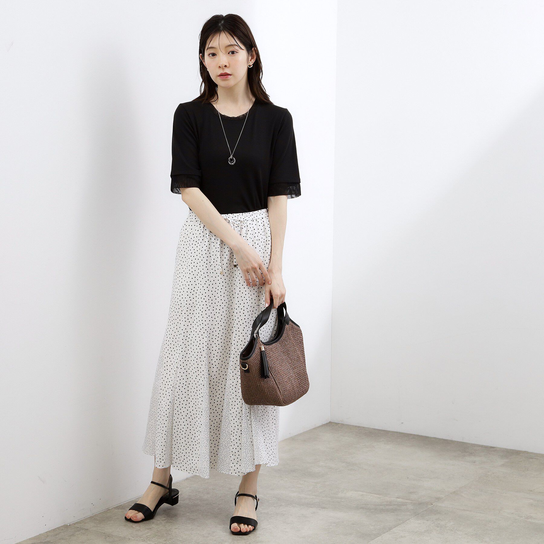 grove「【ひんやり・UVカット】チュールトリミング5分袖Tシャツ」|Tシャツ・カットソー|