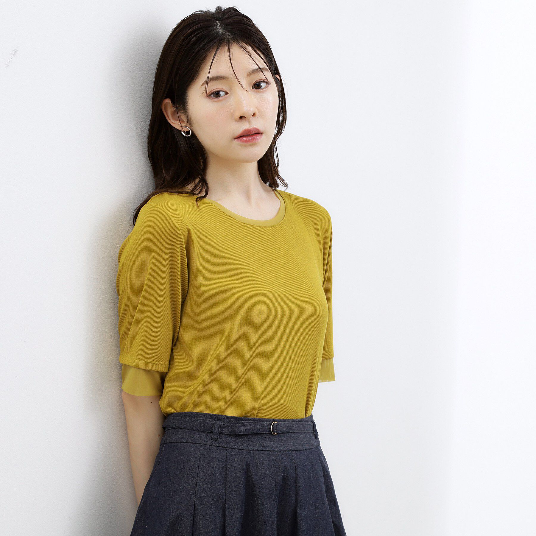 grove「【ひんやり・UVカット】チュールトリミング5分袖Tシャツ」|Tシャツ・カットソー|