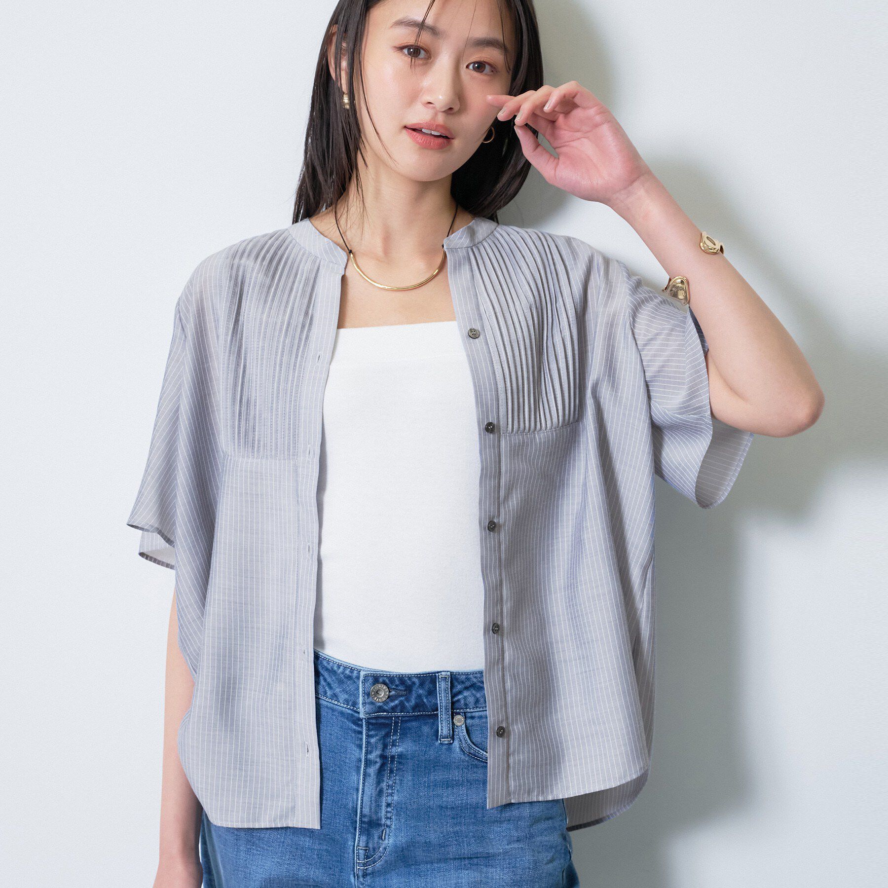 INDIVI「【接触冷感/洗える】シアーシャンブレーピンタックブラウス」|シャツ・ブラウス|