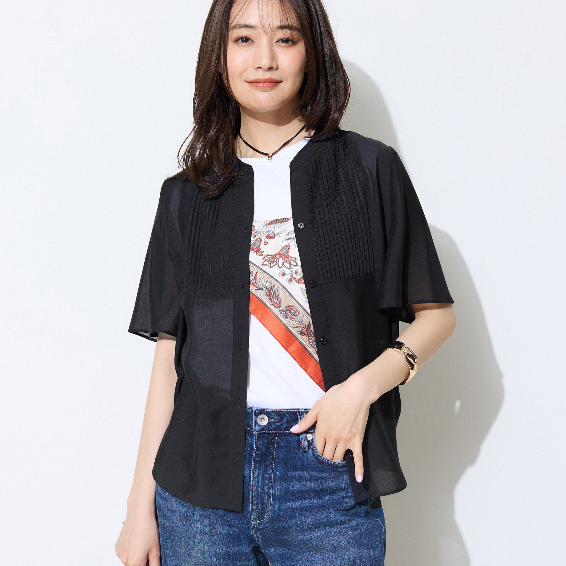 INDIVI「【接触冷感/洗える】シアーシャンブレーピンタックブラウス」|シャツ・ブラウス|