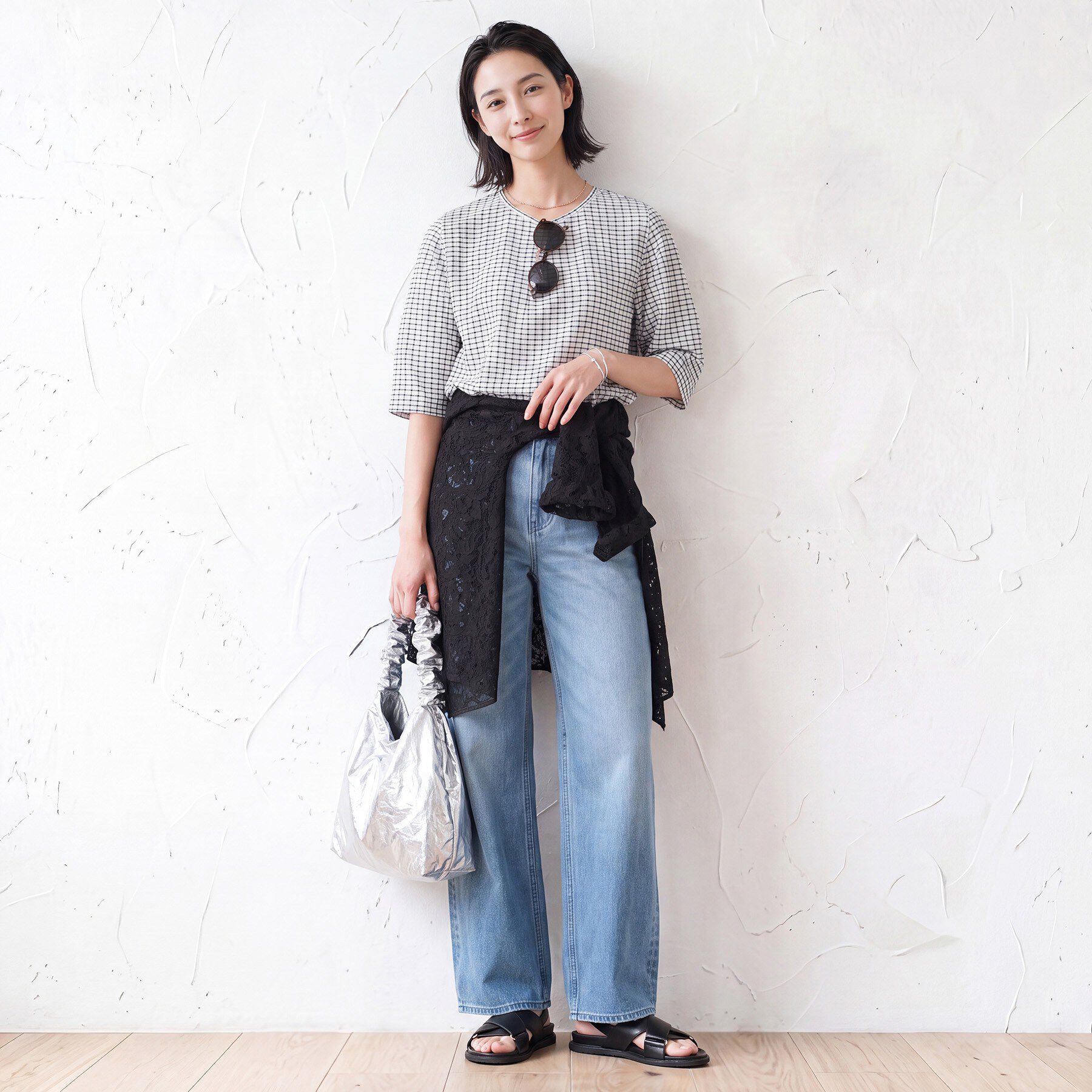 INDIVI「【UVケア／吸汗速乾】チェック柄タックボリュームスリーブトップス」|Tシャツ・カットソー|