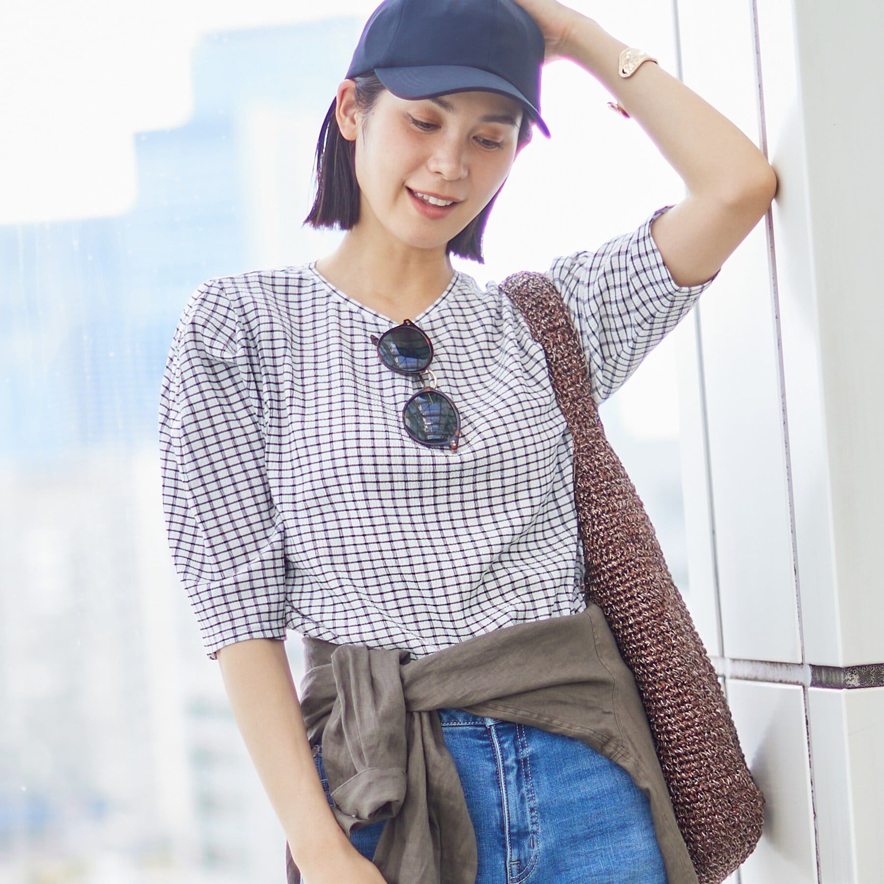 INDIVI「【UVケア／吸汗速乾】チェック柄タックボリュームスリーブトップス」|Tシャツ・カットソー|