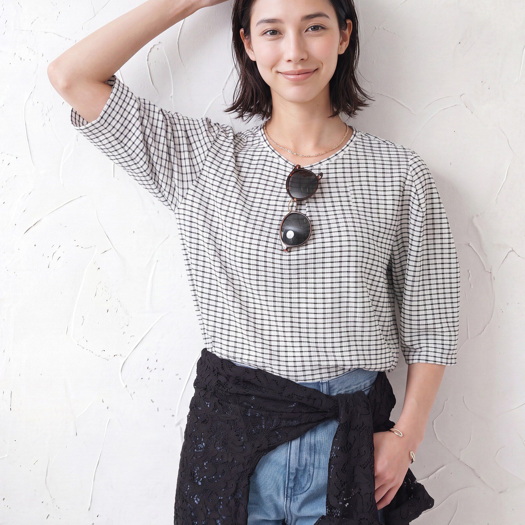 INDIVI「【UVケア／吸汗速乾】チェック柄タックボリュームスリーブトップス」|Tシャツ・カットソー|