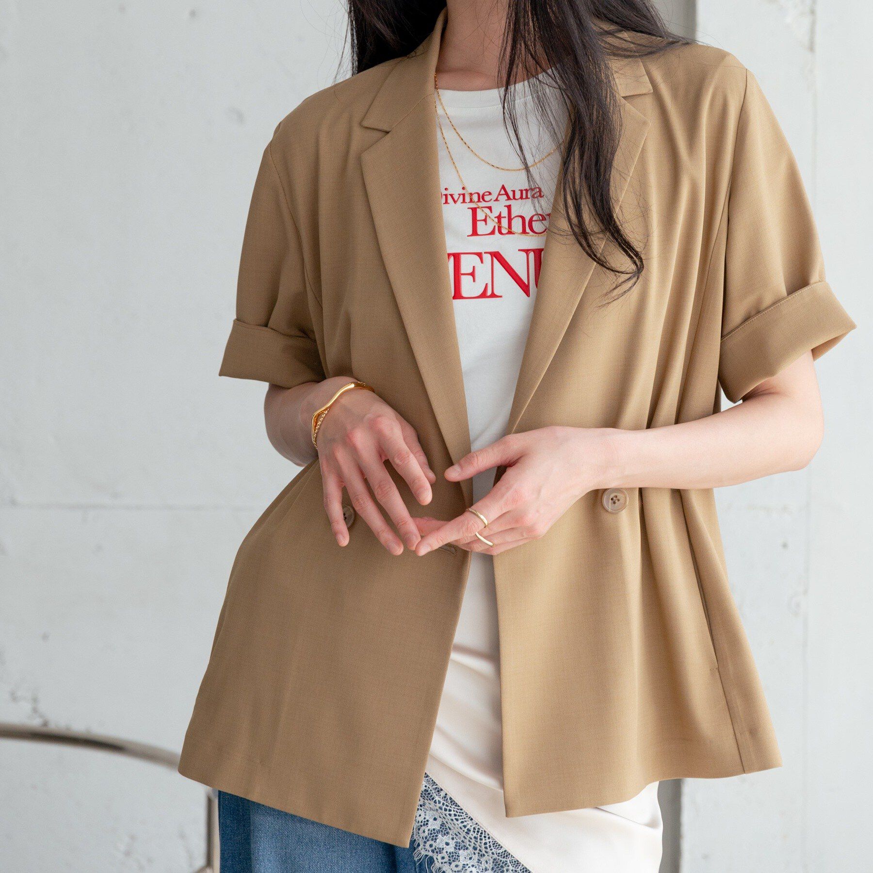 GALLEST「Comfy SET UP｜ハーフスリーブジャケット【セットアップ対応／通勤／接触冷感／UVカット】」|テーラードジャケット|キャメルブラウン(0