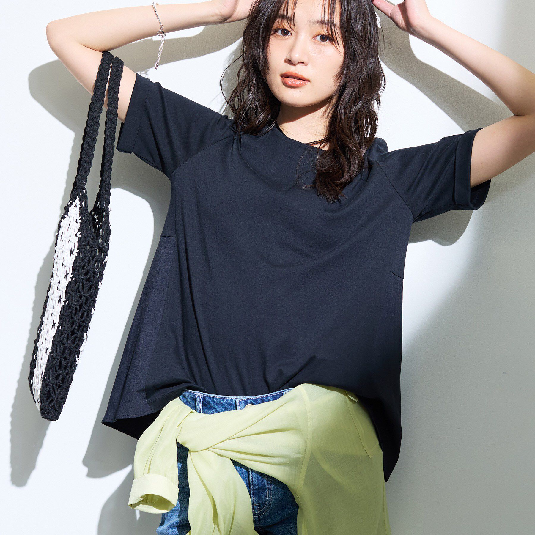 INDIVI「【バックシャン】異素材ドッキングプルオーバー」|Tシャツ・カットソー|ブラック(019)
