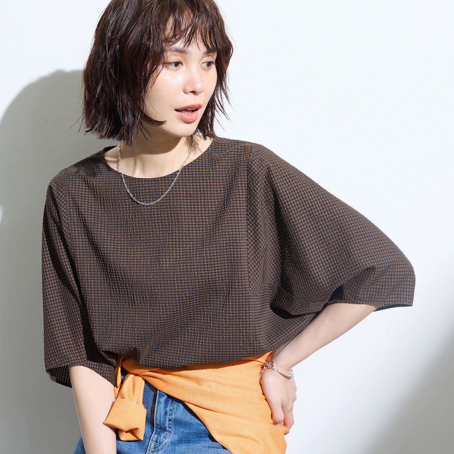 INDIVI「【体型カバー】サッカーチェックドルマントップス」|Tシャツ・カットソー|