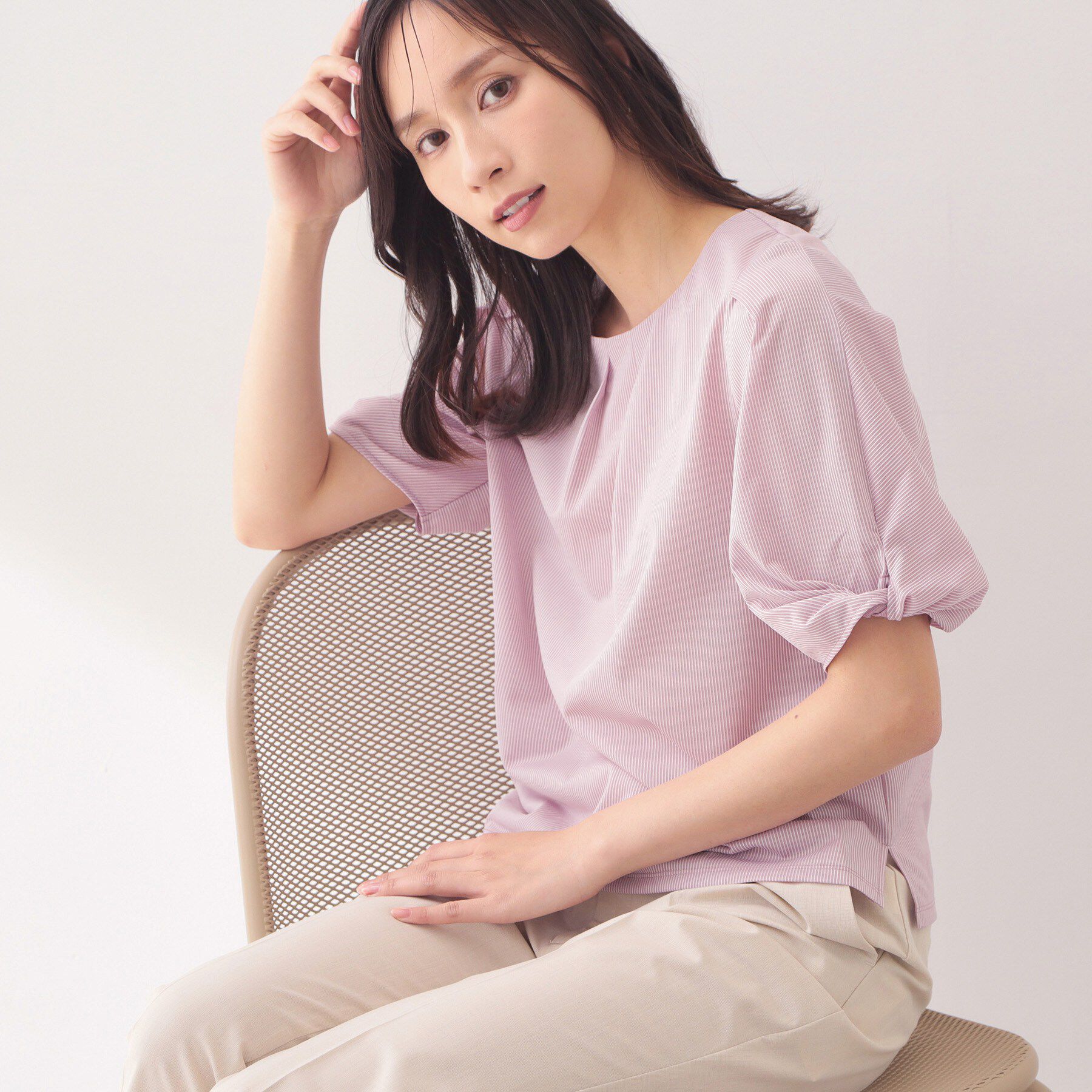 index「【吸水速乾】ストライプ調デザインスリーブトップス《洗濯機OK》」|Tシャツ・カットソー|ピンク(372)