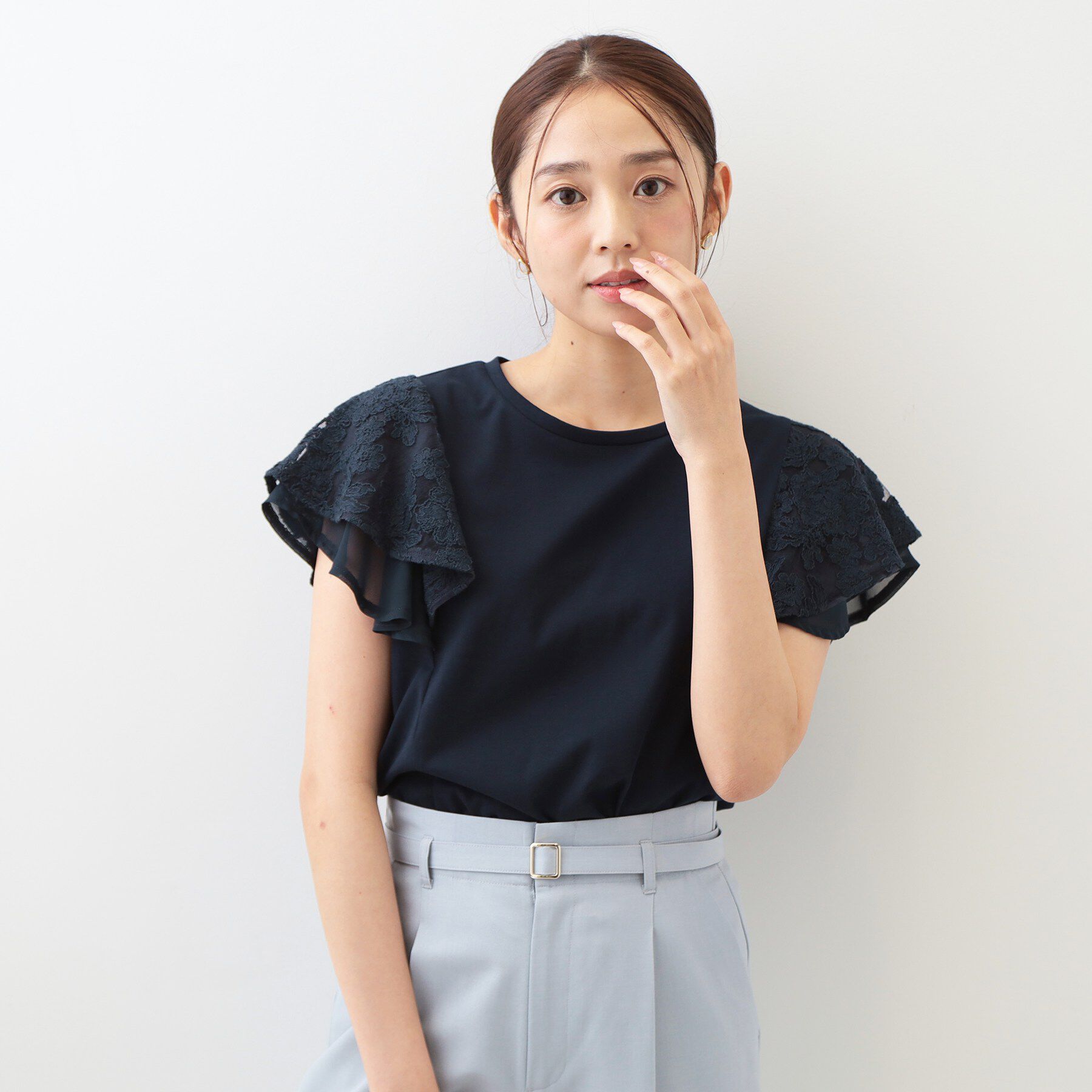 index「【接触冷感／UV】レースフレアスリーブトップス《洗濯機OK》」|Tシャツ・カットソー|ネイビー(094)