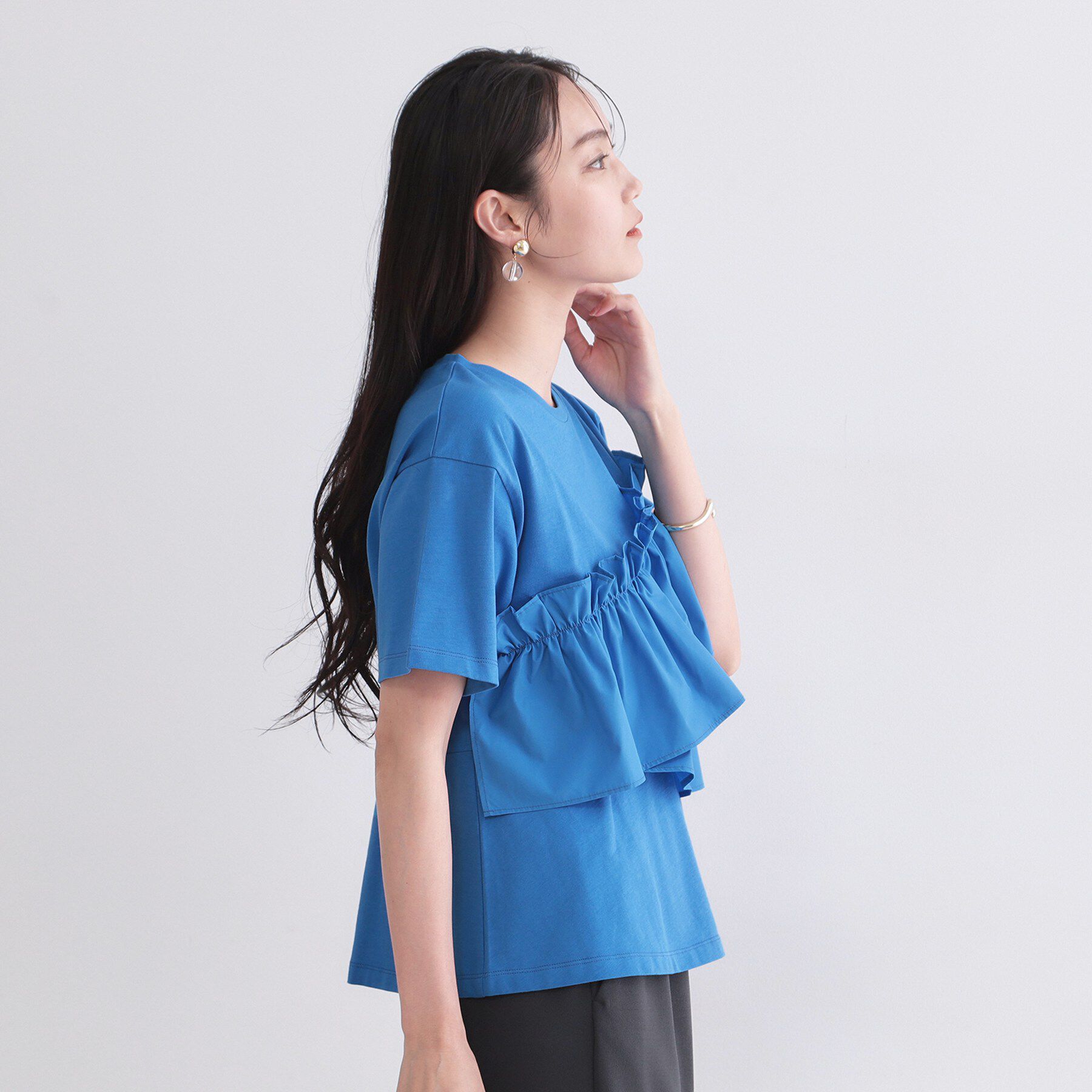 OPAQUE.CLIP「【接触冷感】アシメフリルドッキングカットソー《洗濯機OK》」|Tシャツ・カットソー|