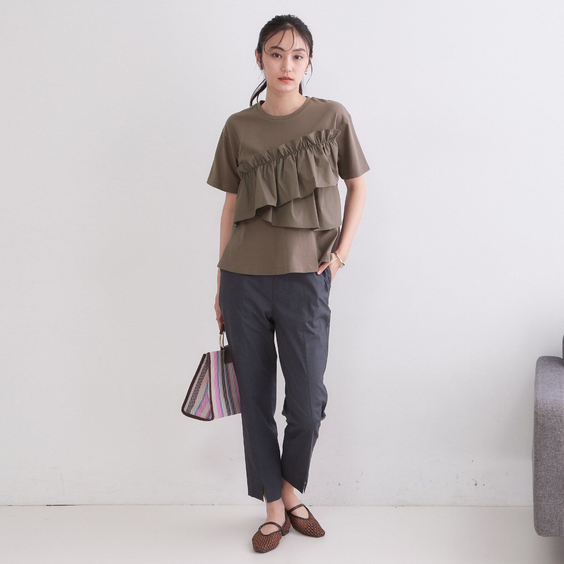 OPAQUE.CLIP「【接触冷感】アシメフリルドッキングカットソー《洗濯機OK》」|Tシャツ・カットソー|