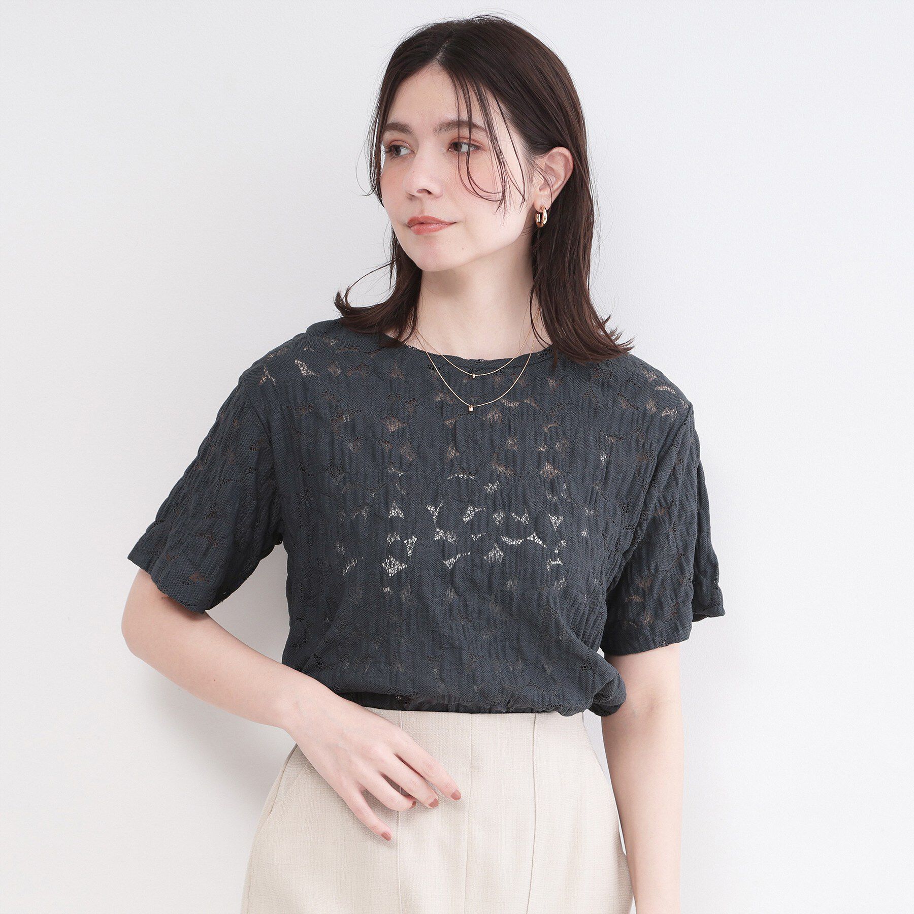 OPAQUE.CLIP「レースジャカードカットソー【洗濯機OK】」|Tシャツ・カットソー|チャコールグレー(0