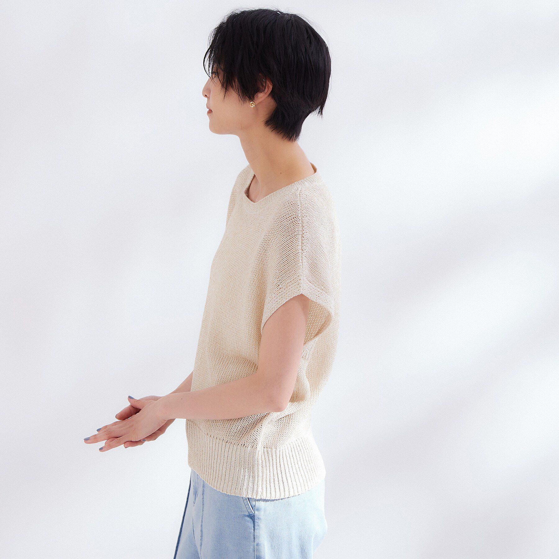 OPAQUE.CLIP「ラメメッシュ フレンチスリーブニット【洗濯機OK】」|ニット・セーター|