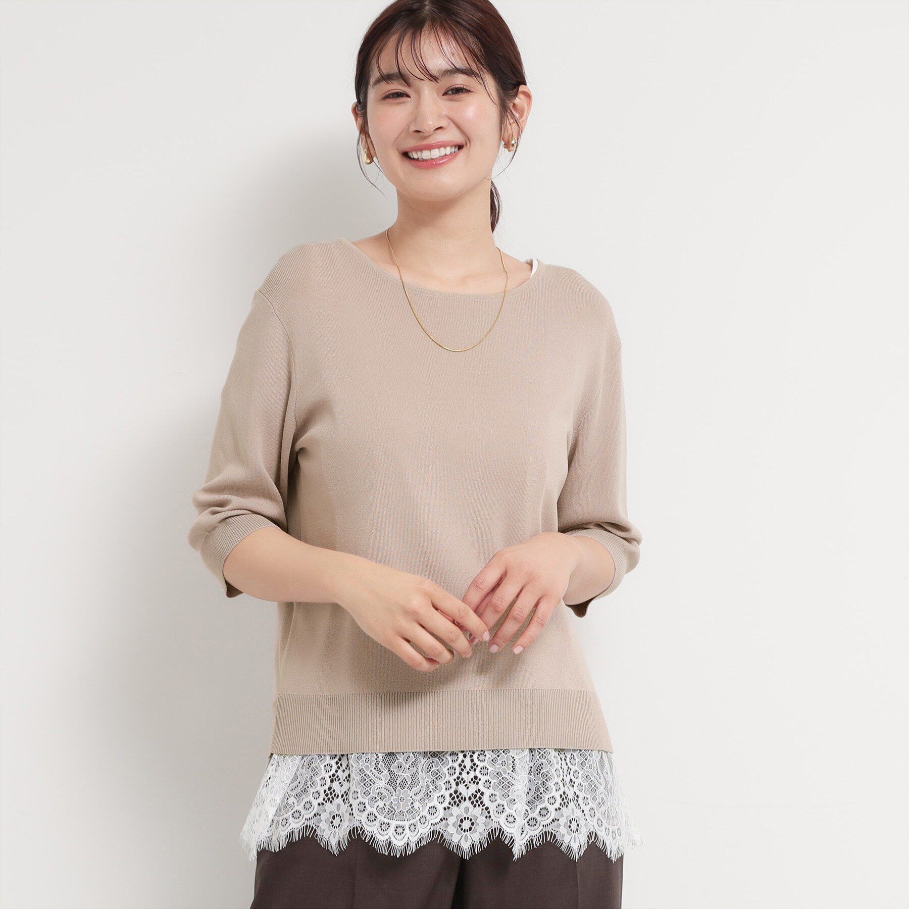THE SHOP TK「【S-XL/ひんやりタッチ】美しさ際立つ 6分袖ニット 洗濯機OK/UVケア/毛玉になりにくい」|ニット・セーター|