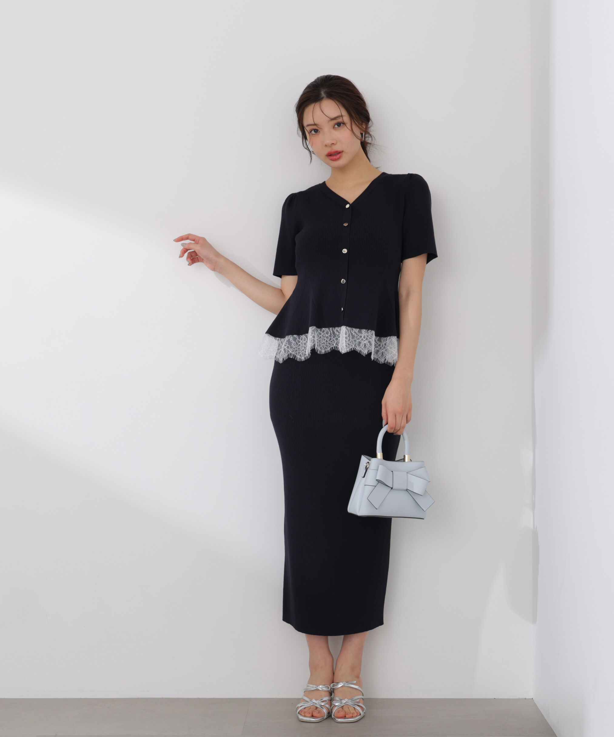 PROPORTION BODY DRESSING「レース付きペプラムニットセット 26SS」|ワンピース|ネイビー