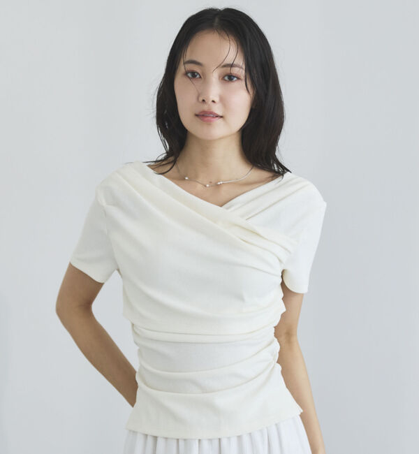 archives「【ＯＮかわ】ハーフスリーブクロスタックドレープオフショルＴＯＰＳ」|Tシャツ・カットソー|IVORY