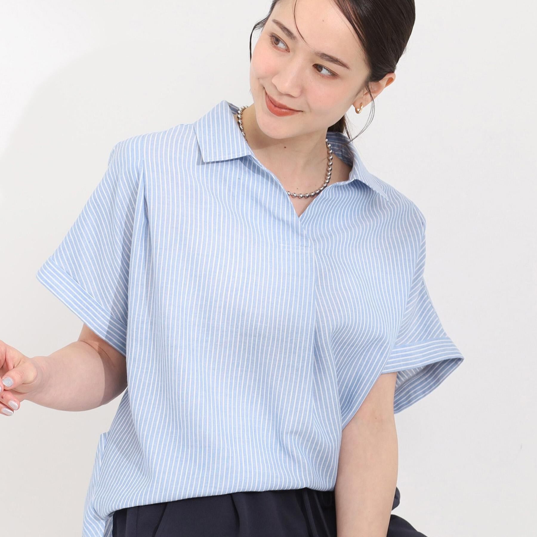SHOO･LA･RUE「【ひんやり/UV】インせず着られる フレンチリネンスキッパーシャツ」|シャツ・ブラウス|ブルー(391)