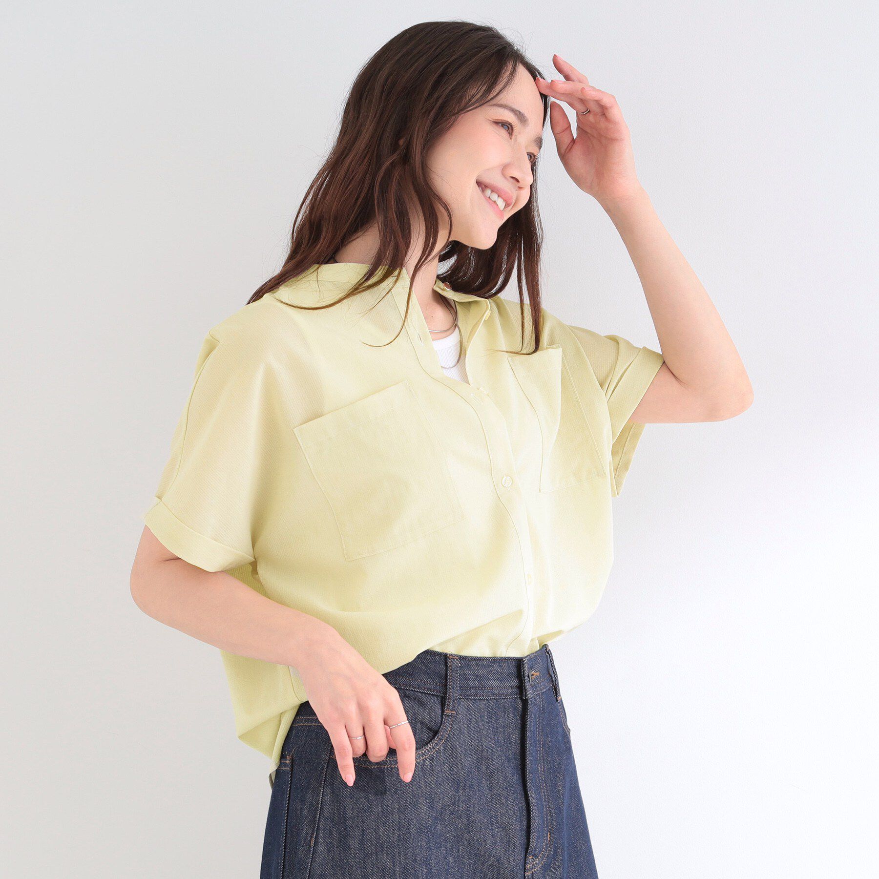 SHOO･LA･RUE「【通気性〇/UV/S-LL】風が通り抜ける ひんやり半袖バンドカラーシアーシャツ」|シャツ・ブラウス|