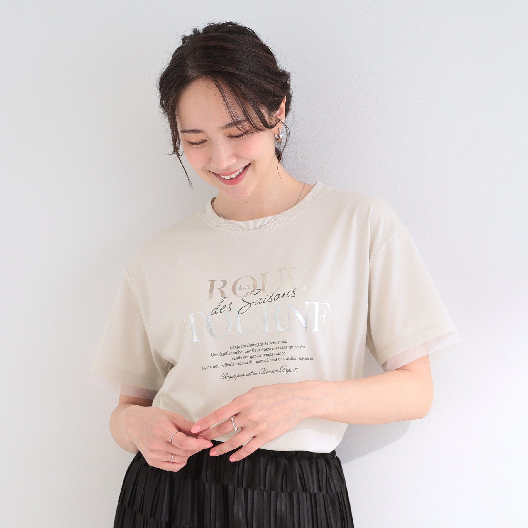 SHOO･LA･RUE「【ひんやり/S-LL/洗濯機可】色・柄選べる お袖チュールレイヤード プリントアソートTシャツ」|Tシャツ・カットソー|