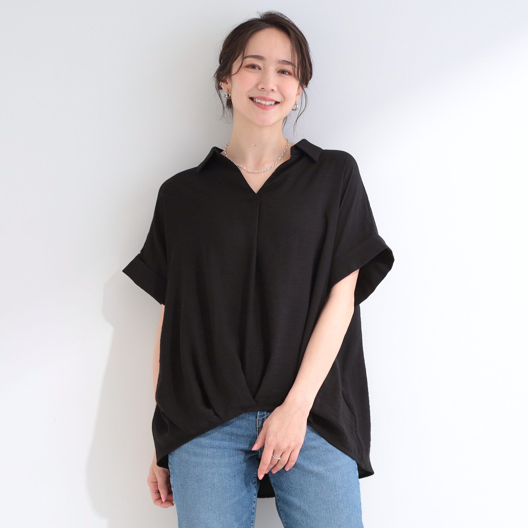 SHOO･LA･RUE「【ひんやり/S-LL/洗濯機可】インせず着られる 裾タック スキッパーシャツ」|シャツ・ブラウス|