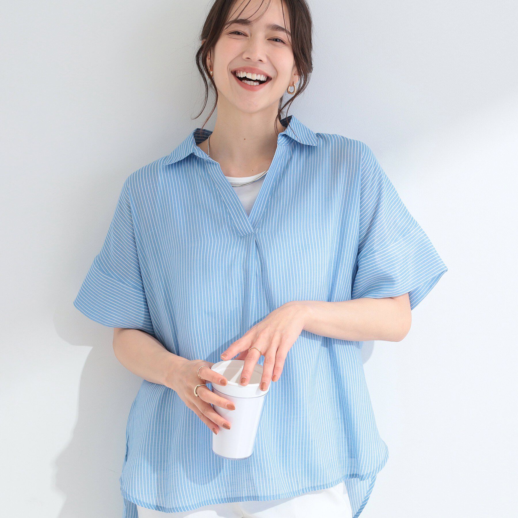 SHOO･LA･RUE「【2点セット/S-LL/洗濯機可】時短でコーデ決まる スラブスキッパーシャツ＋タンクトップ」|その他|ブルー(391)