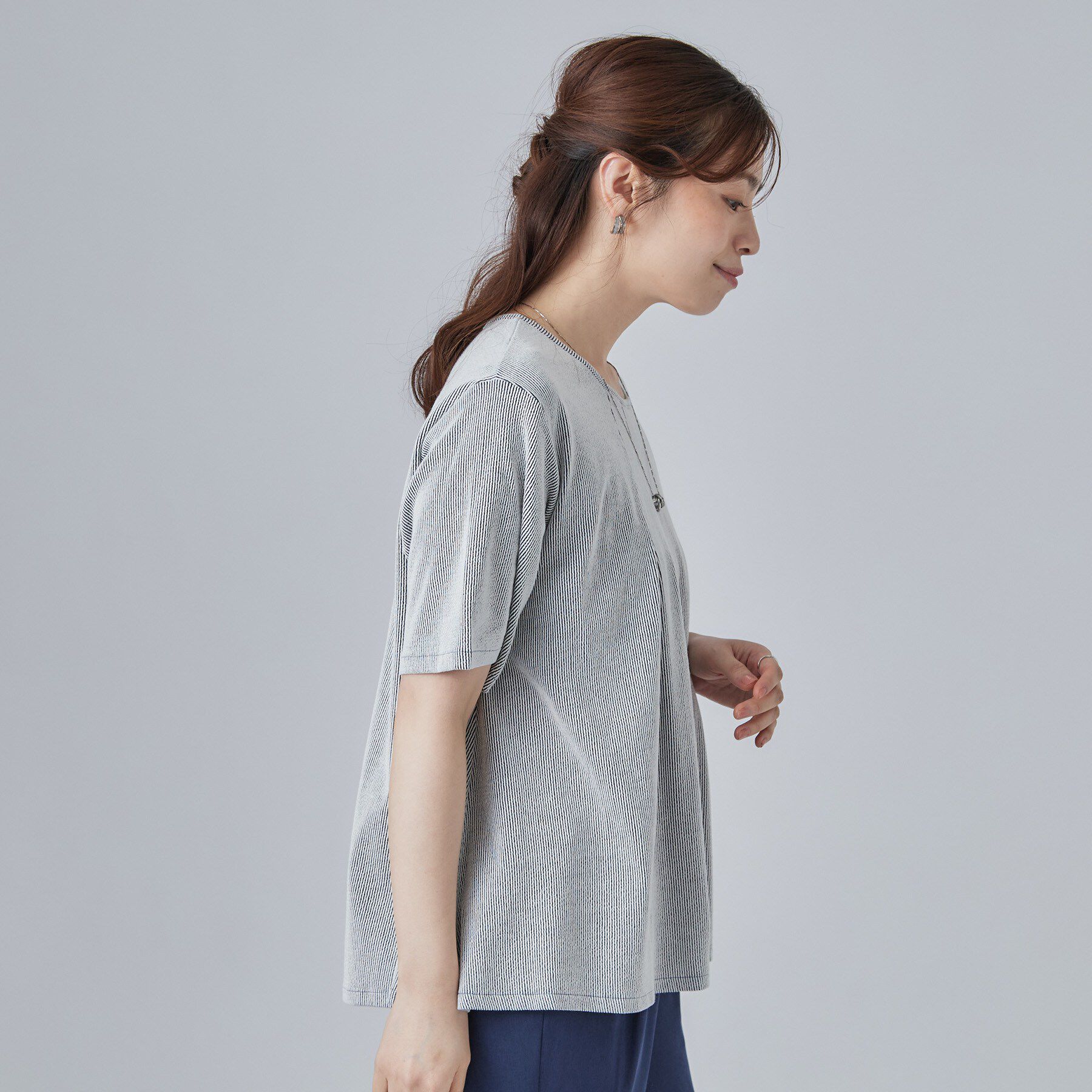SHOO･LA･RUE「【洗濯機可/S-LL】インせずすっきり見え ストライプ柄タックトップス」|Tシャツ・カットソー|
