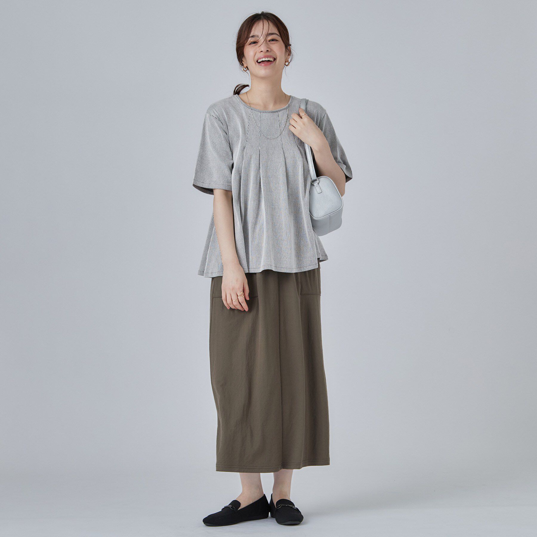 SHOO･LA･RUE「【洗濯機可/S-LL】インせずすっきり見え ストライプ柄タックトップス」|Tシャツ・カットソー|
